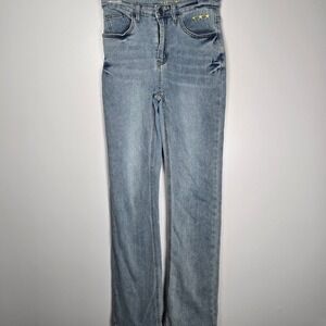 Romwe Light Wash Denim Jeans Women's Embellished Stars Flare Leg Bottoms